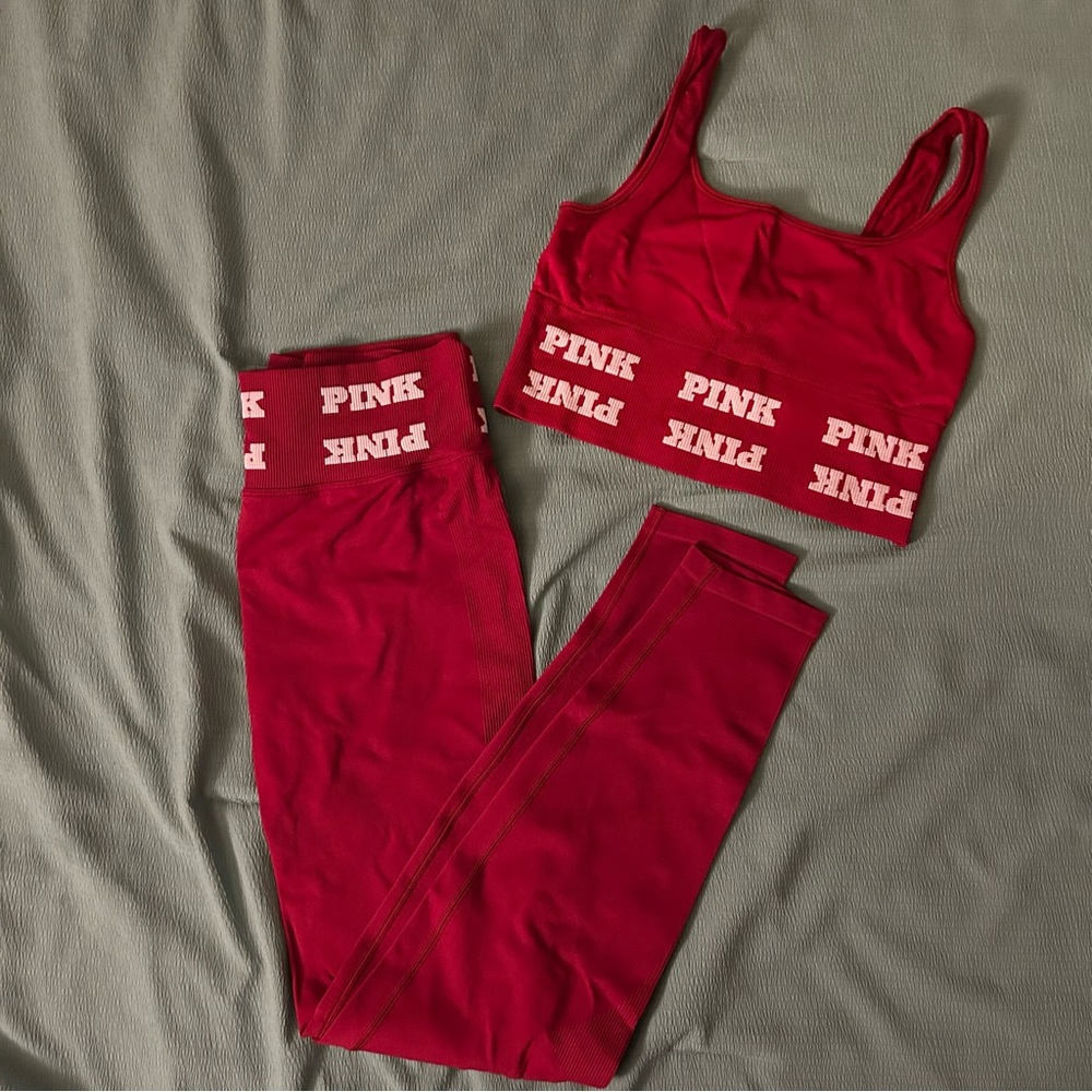 Dark Red VS PINK Logo Sports Bra and Leggings Set